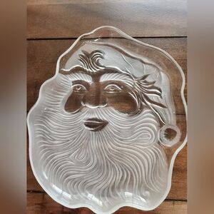 Vintage Clear Frosted Glass Santa  Decorative Plate